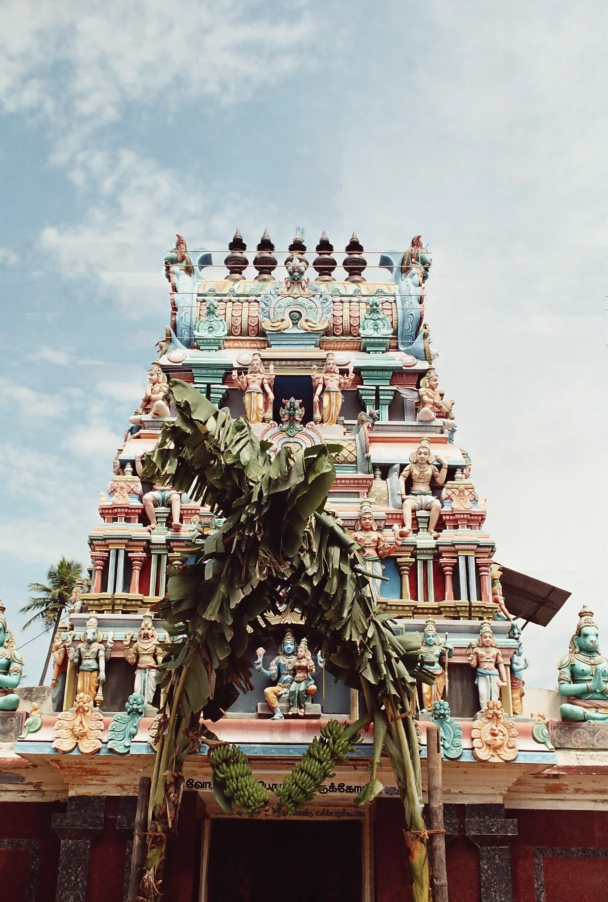 Closeup of the gopuram at Sri Venkatesa Perumal Kovil