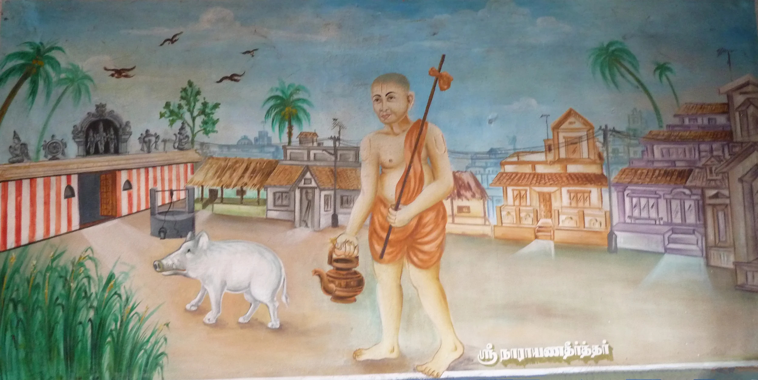 Sri Narayana Theerthar with deities — temple mural